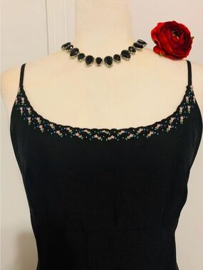 Ann Taylor Navy Label with White Logo on Black Fabric slip dress 12